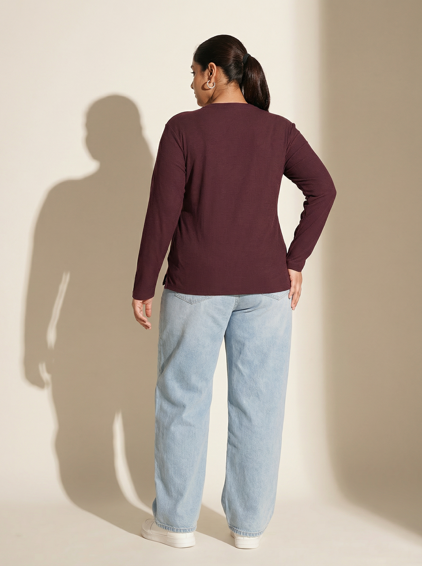 Burning Burgundy Ribbed V-Neck Full Sleeves T-shirt for Women