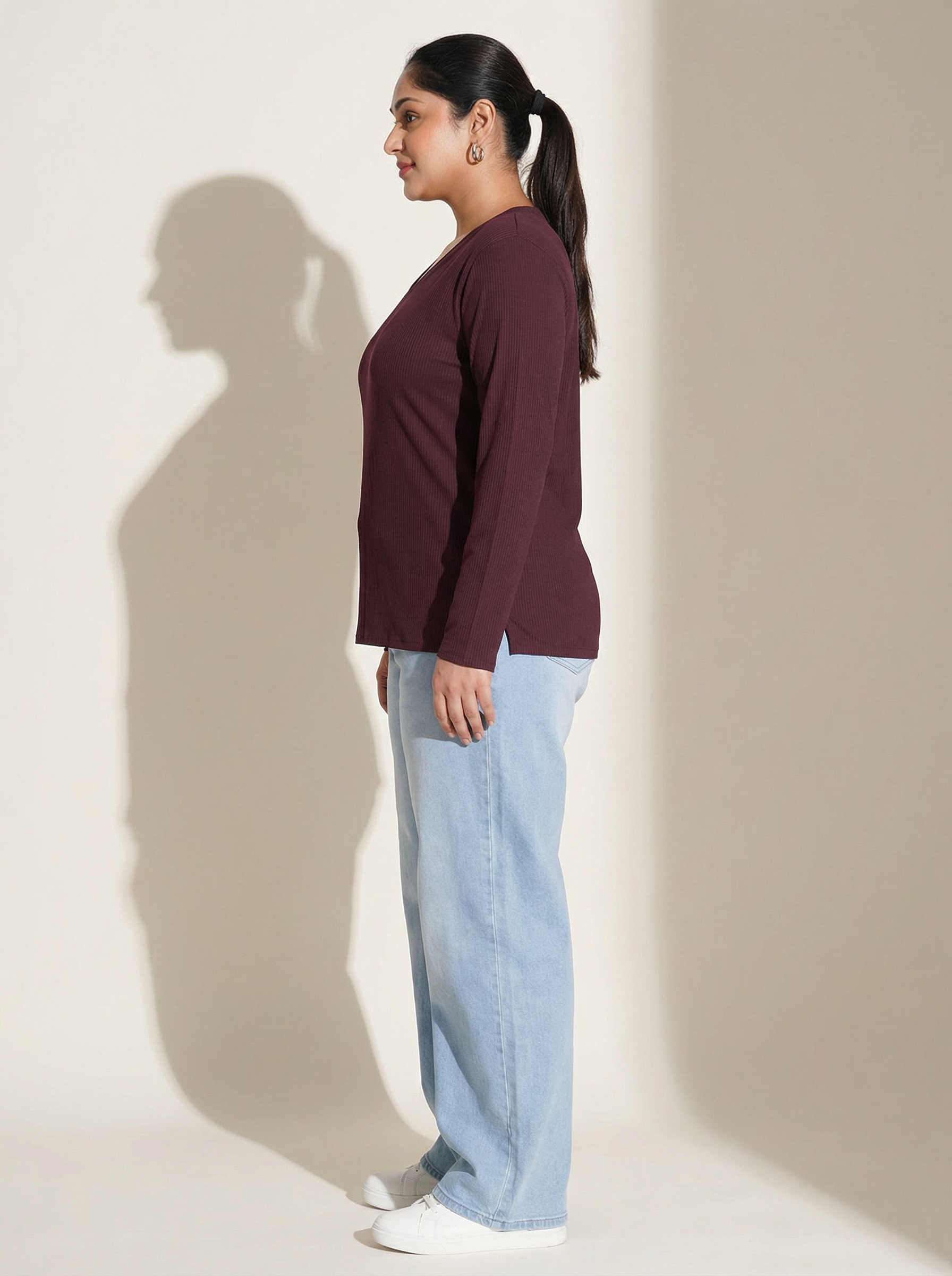 Burning Burgundy Ribbed V-Neck Full Sleeves T-shirt for Women