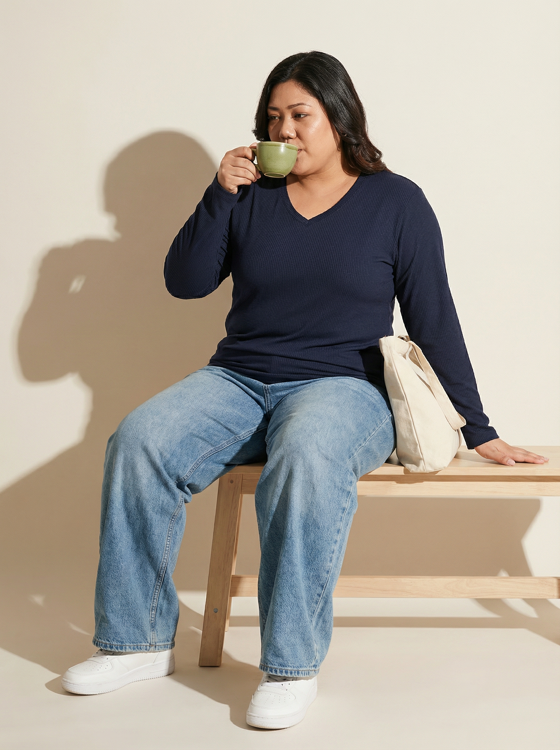 Ballsy Blue Ribbed V-Neck Full Sleeves T-shirt for Women