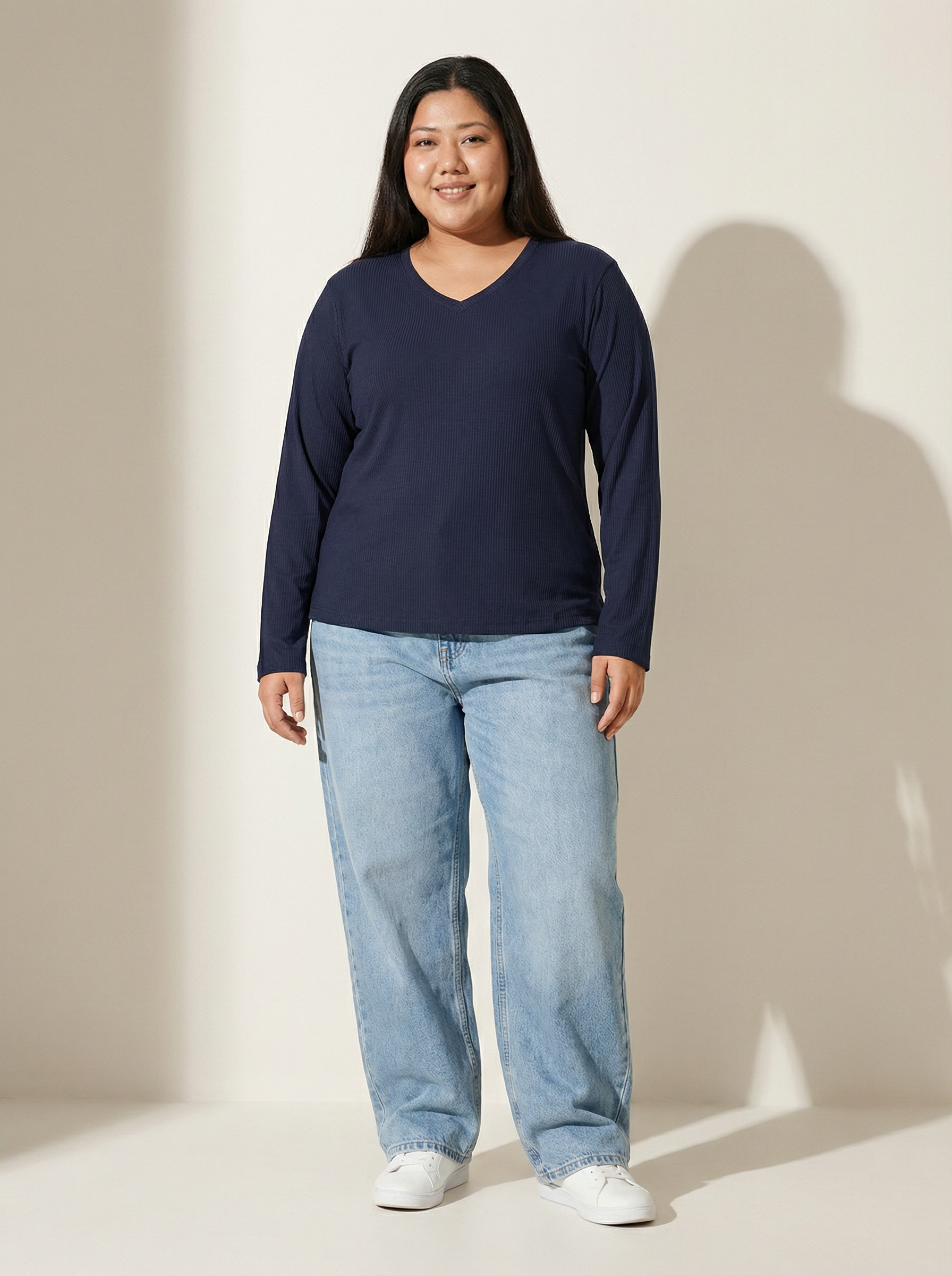 Ballsy Blue Ribbed V-Neck Full Sleeves T-shirt for Women