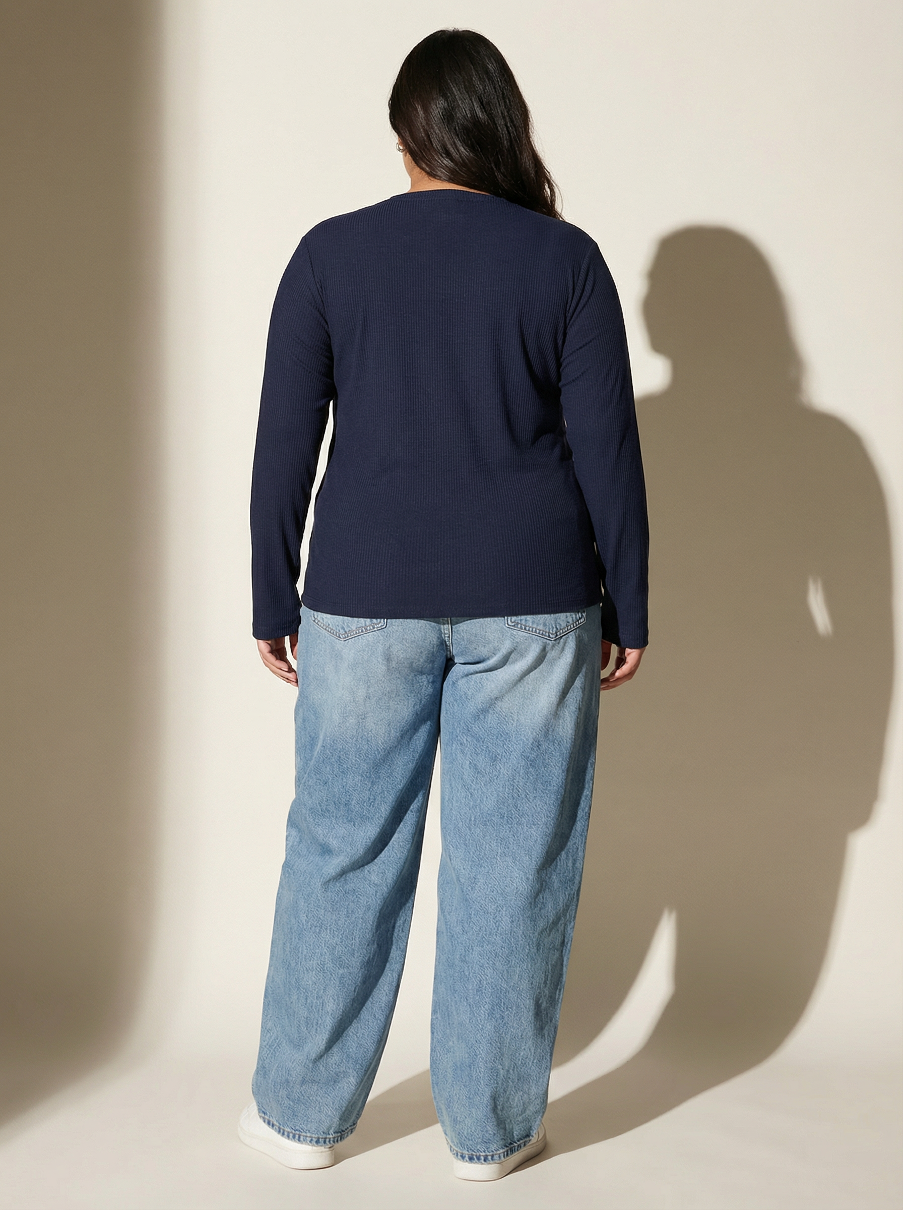 Ballsy Blue Ribbed V-Neck Full Sleeves T-shirt for Women