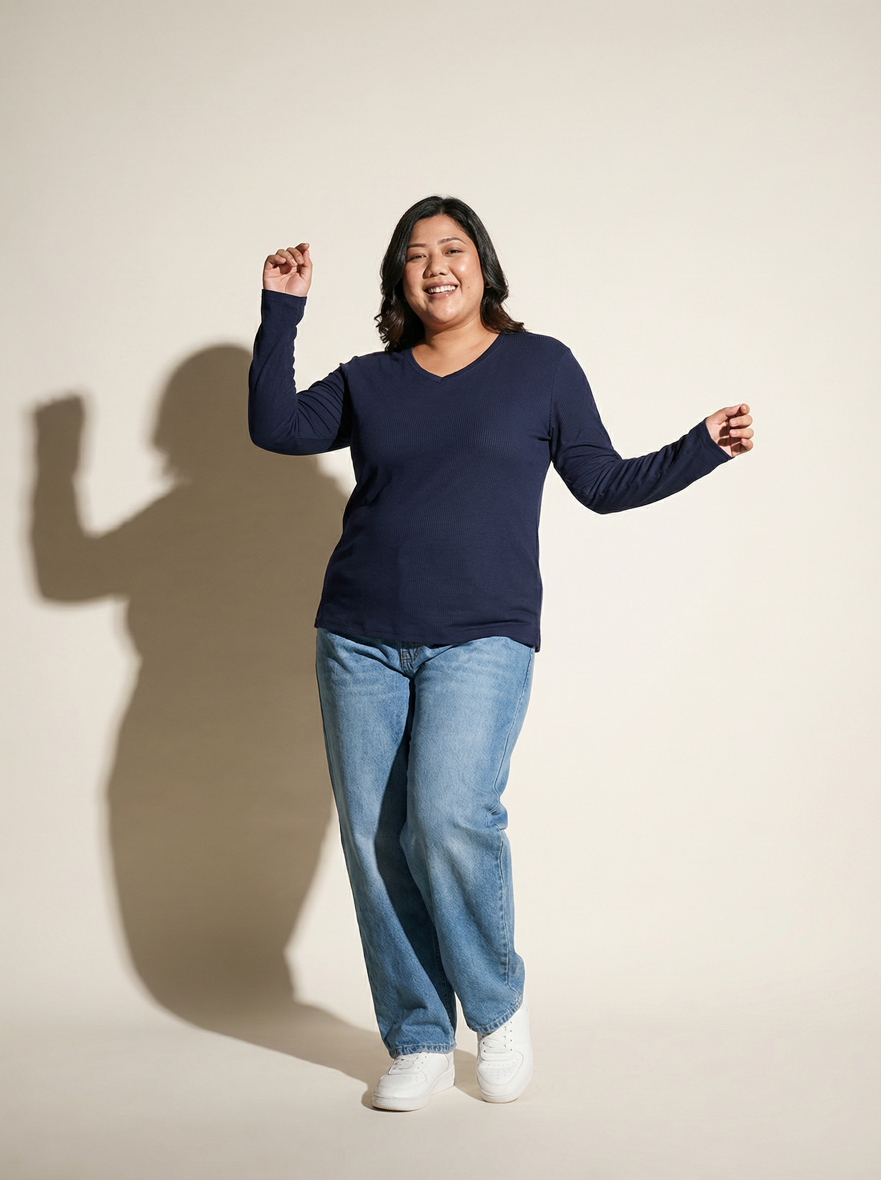 Ballsy Blue Ribbed V-Neck Full Sleeves T-shirt for Women