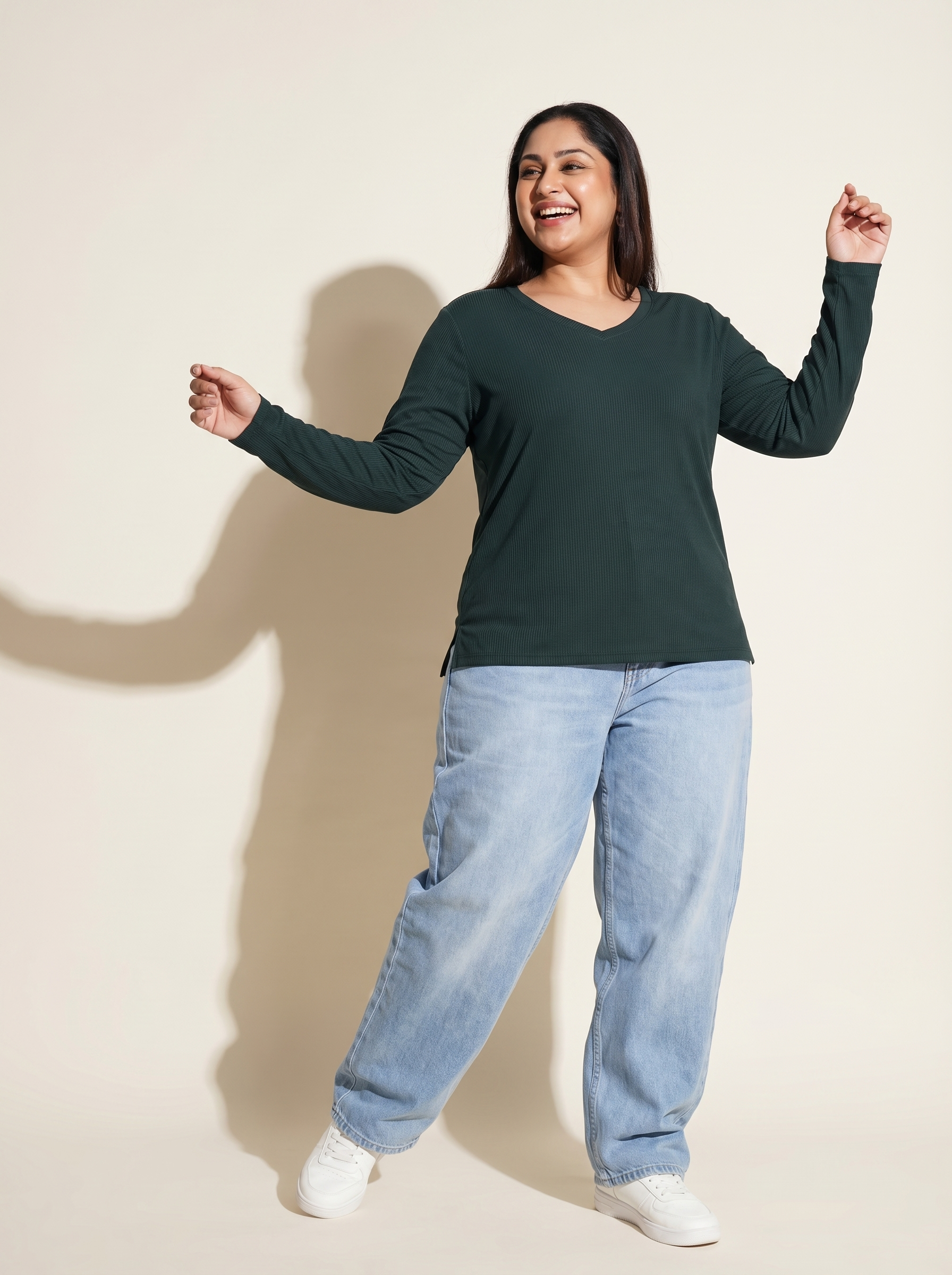 Gritty Green Ribbed V-Neck Full Sleeves T-shirt for Women