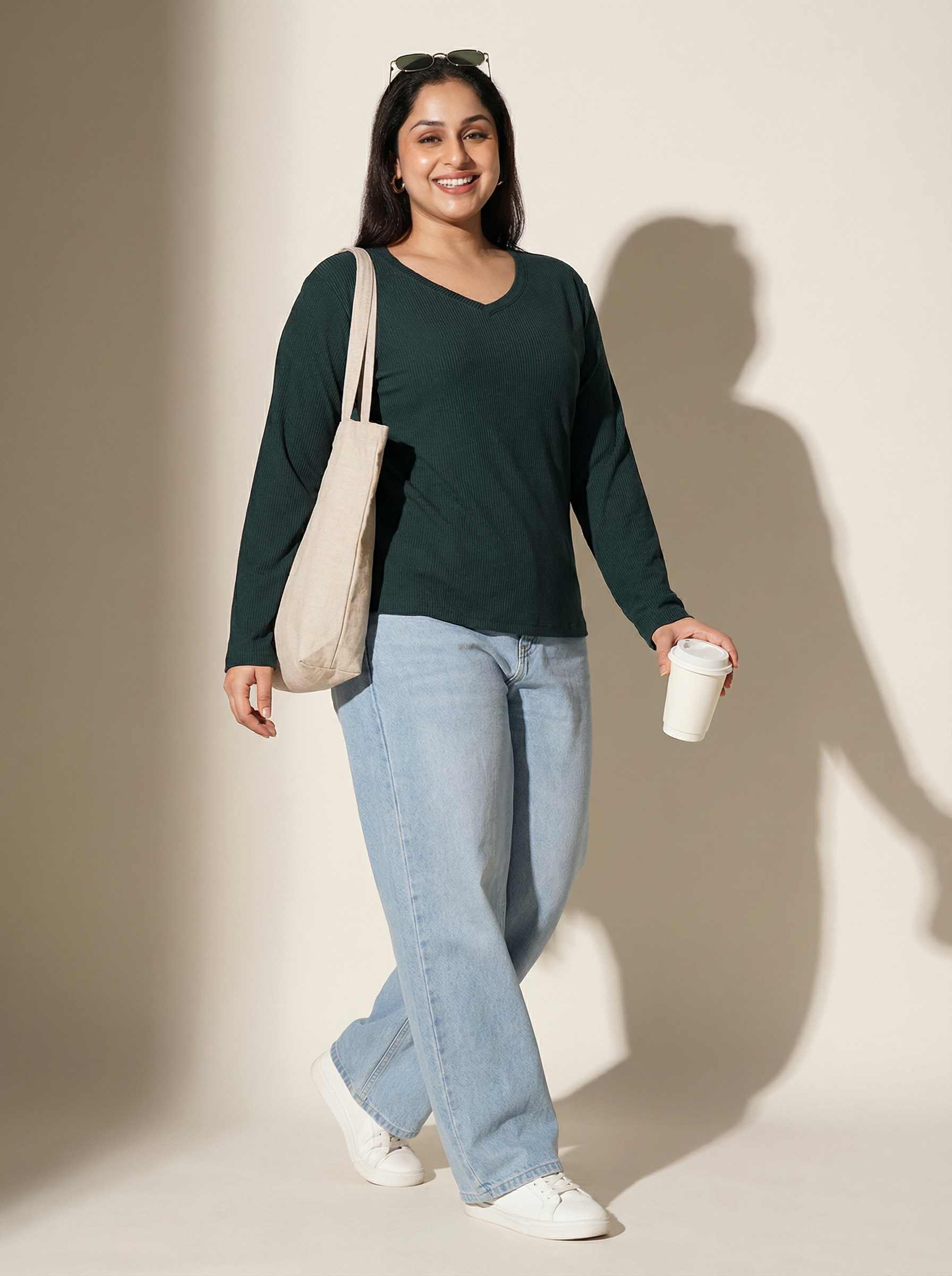 Gritty Green Ribbed V-Neck Full Sleeves T-shirt for Women