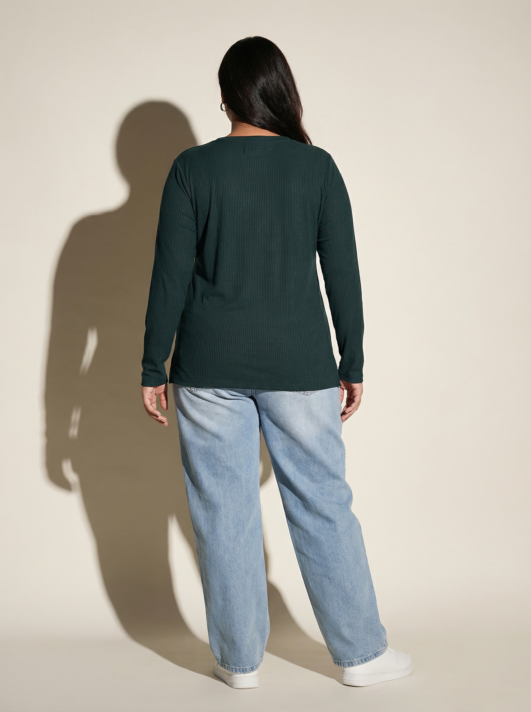 Gritty Green Ribbed V-Neck Full Sleeves T-shirt for Women