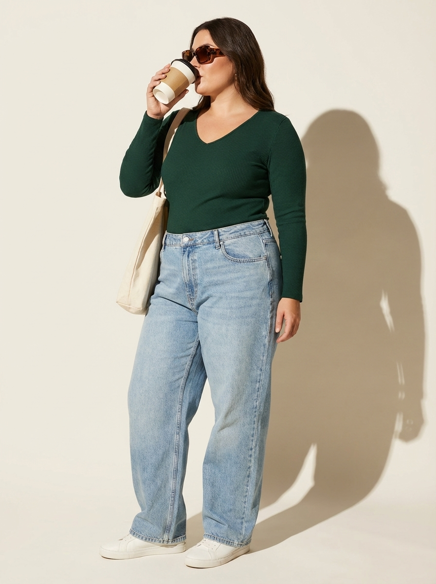 Gritty Green Ribbed V-Neck Full Sleeves T-shirt for Women