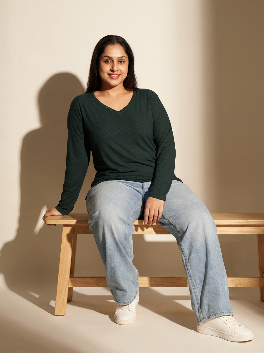 Gritty Green Ribbed V-Neck Full Sleeves T-shirt for Women