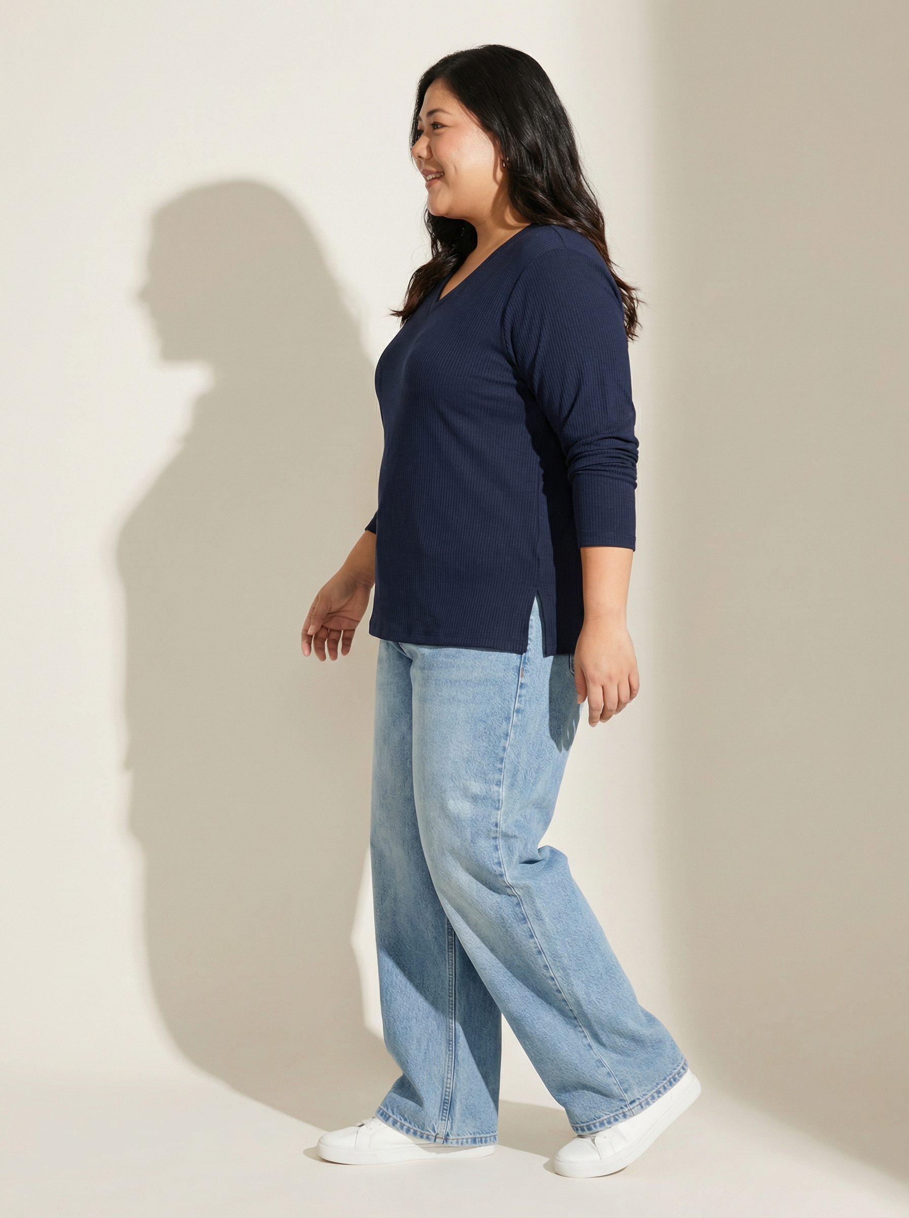 Ballsy Blue Ribbed V-Neck Full Sleeves T-shirt for Women