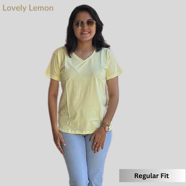 Lovely Lemon Solid V-Neck T-shirt for Women