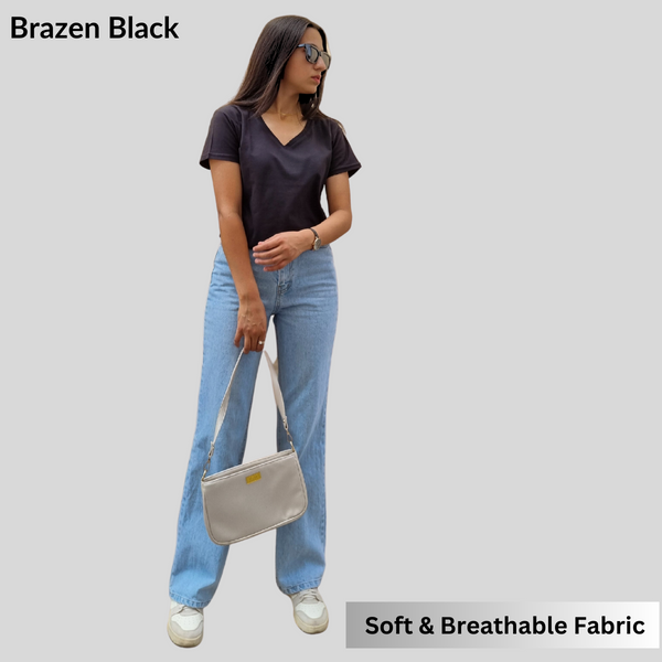Brazen Black Solid V-Neck T-shirt for Women